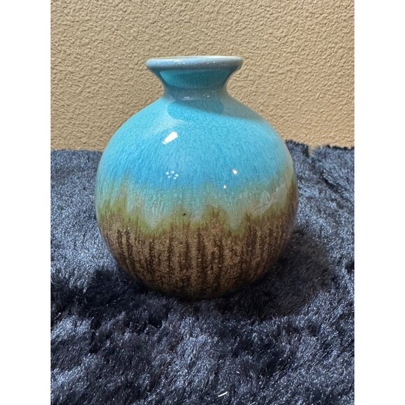 Handcrafted Ceramic Bud Vase With Glazed Finish Small Blue & Browns - Picture 2 of 5